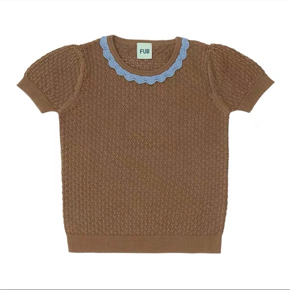 FUB Pointelle Organic Cotton T-Shirt Brown 8Y - Picture 1 of 7